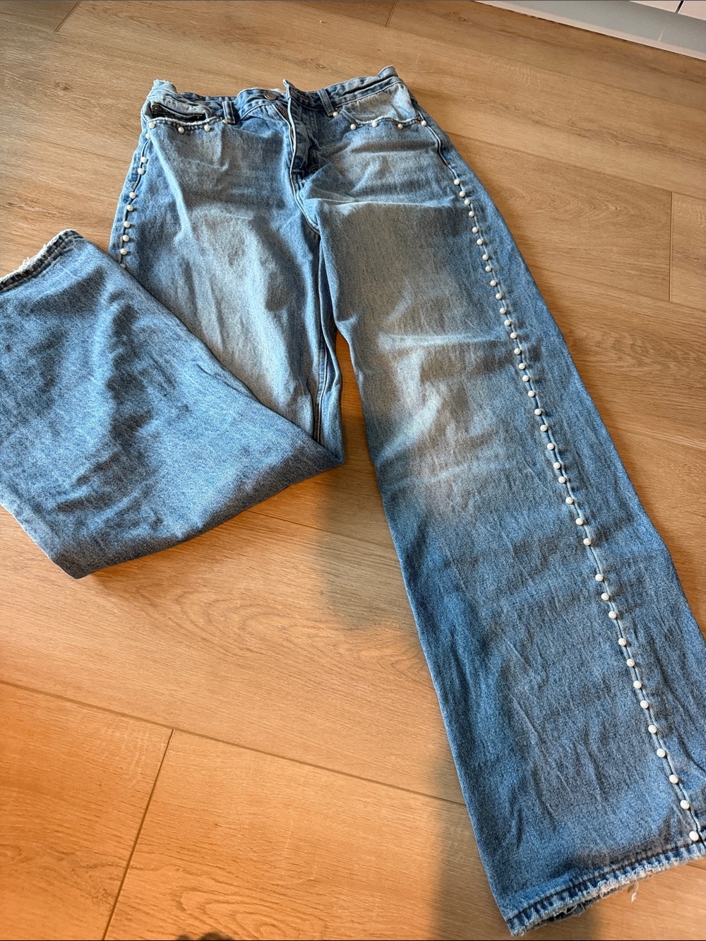 Fashion Nova Light Blue Wide Leg Jeans with Pearl Side Trim